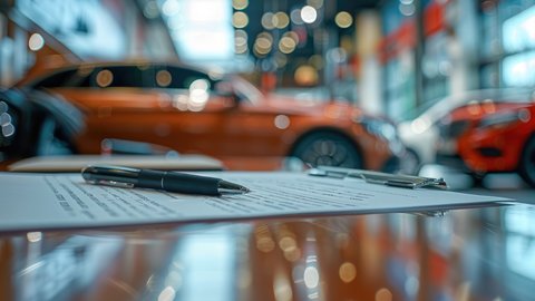 Image of a contract on a table with cars in a dealership. 