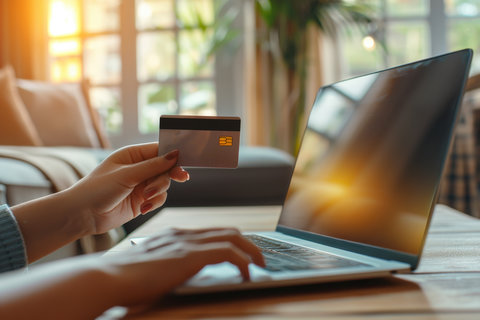 A lady trying to make a payment with a bank card on a laptop.